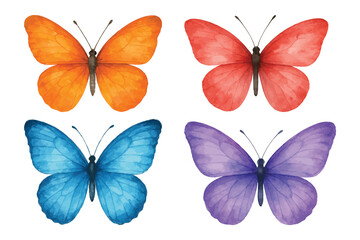 Set of Colorful Watercolor Butterflies in Orange, Red, Blue, and Purple