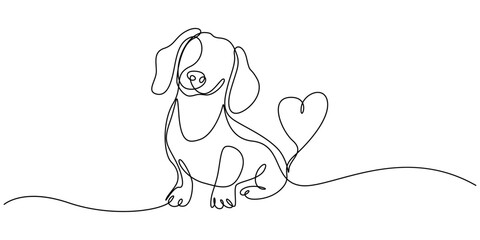 Continuous one line drawing of a dog. Dog one line drawing minimalist style, Silhouette of abstract dog as one line drawing on white background,dog in continuous line art drawing style. Puppy.