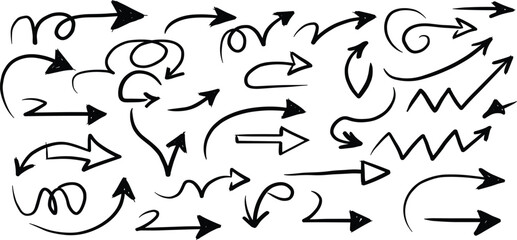 Crayon arrow sketches collection - hand drawn doodle style pointers, curved lines, round swirls. Chaotic scribbling, artistic design elements set.