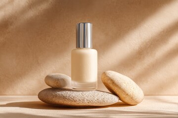 Minimalist Cream Bottle Displayed Elegantly on Beige Background with Natural Stones