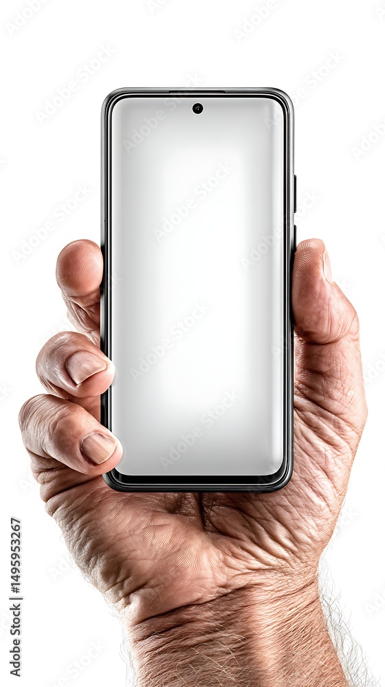 Poster hand holding new smartphone device with blank white screen for content insertion and application moc