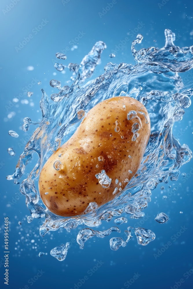 Poster potato splashes into clear water creating dynamic effect. vivid blue background enhances visual impa