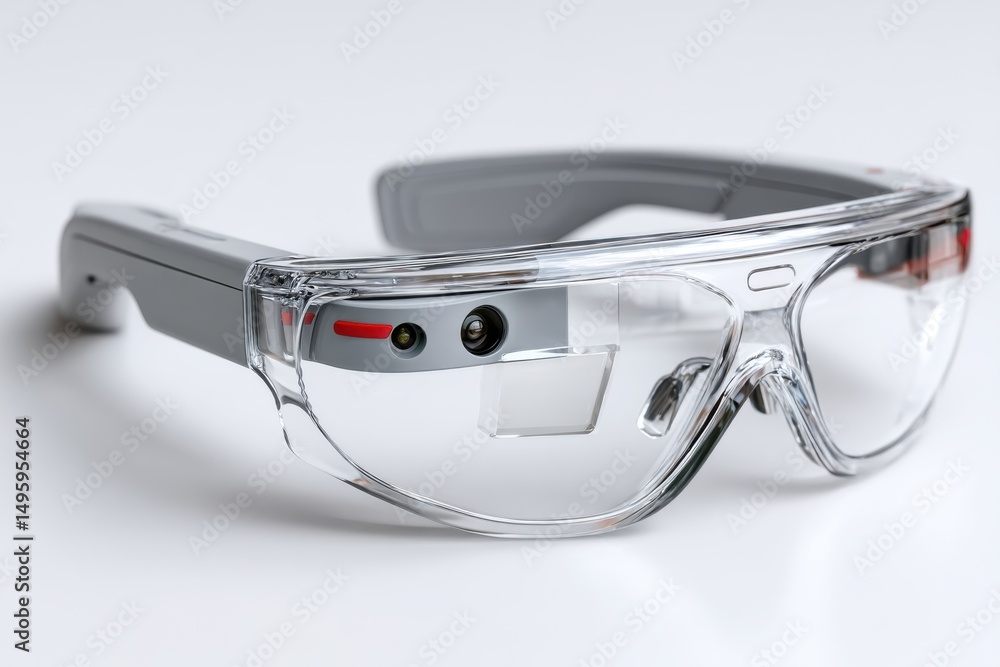 Poster a close-up shot of augmented reality glasses showing its advanced technology design and features for