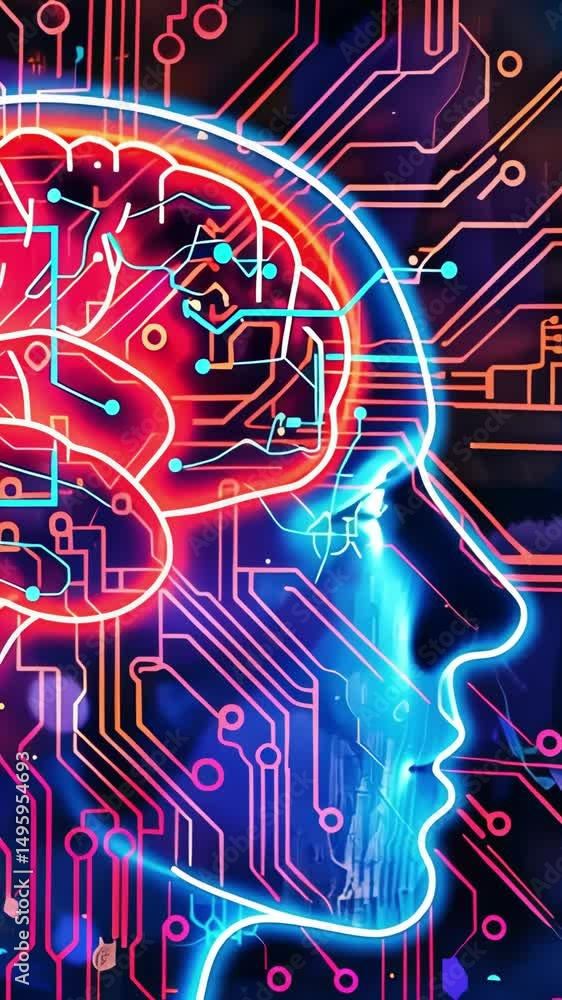 Poster futuristic neon human brain animation with glowing circuitry and abstract digital connections. conce