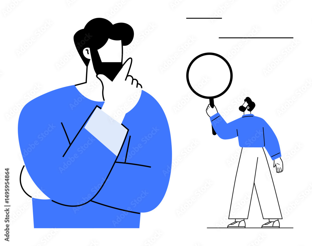 Poster man pondering with a thoughtful pose alongside himself holding a magnifying glass. ideal for problem