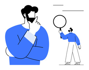 Plakat Man pondering with a thoughtful pose alongside himself holding a magnifying glass. Ideal for problem-solving, research, analysis, strategy, creativity, brainstorming, simple landing page