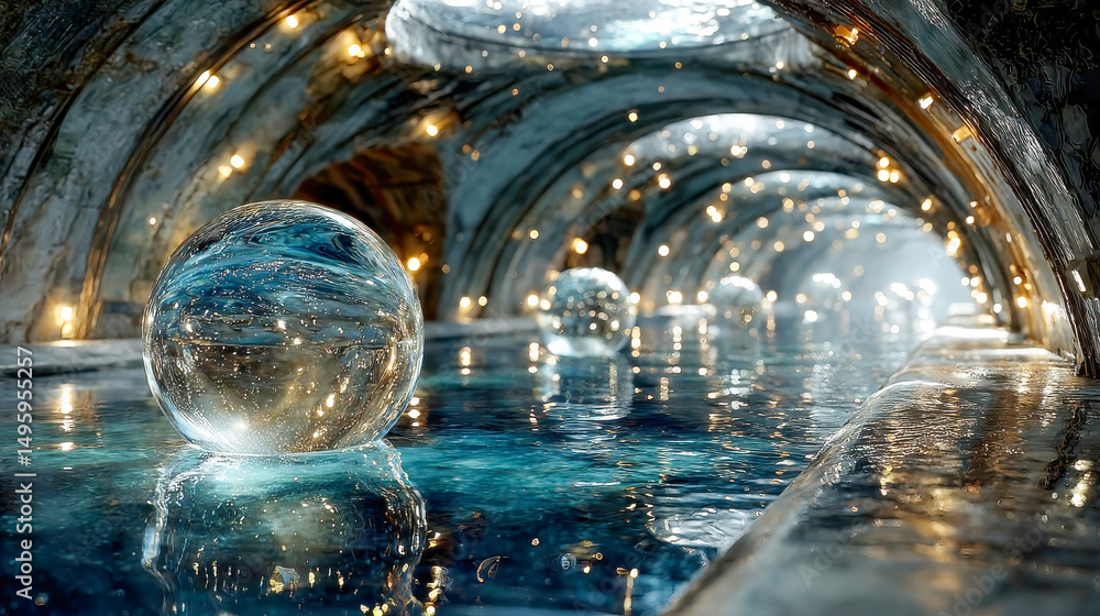 Poster futuristic glowing orbs floating in a surreal aqua tunnel with reflections and sparkles