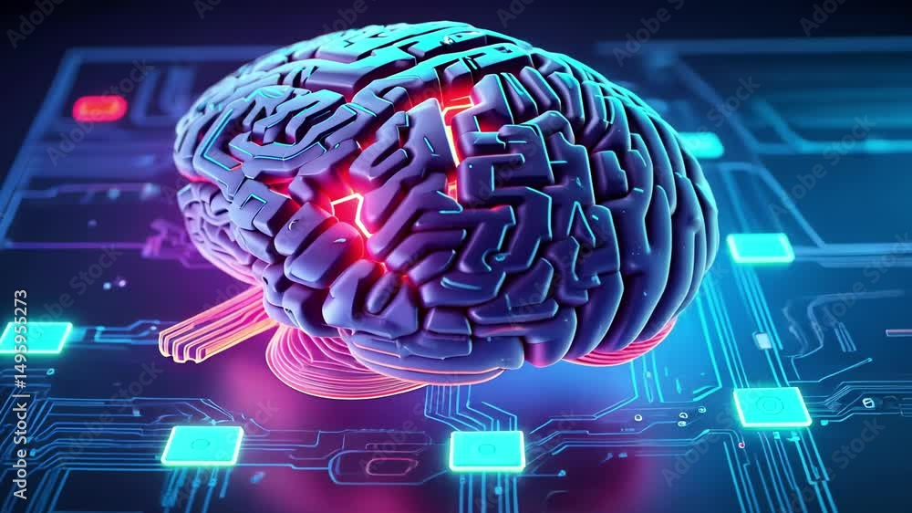 Poster futuristic digital brain with neon lights on a circuit board. concept of artificial intelligence, cu