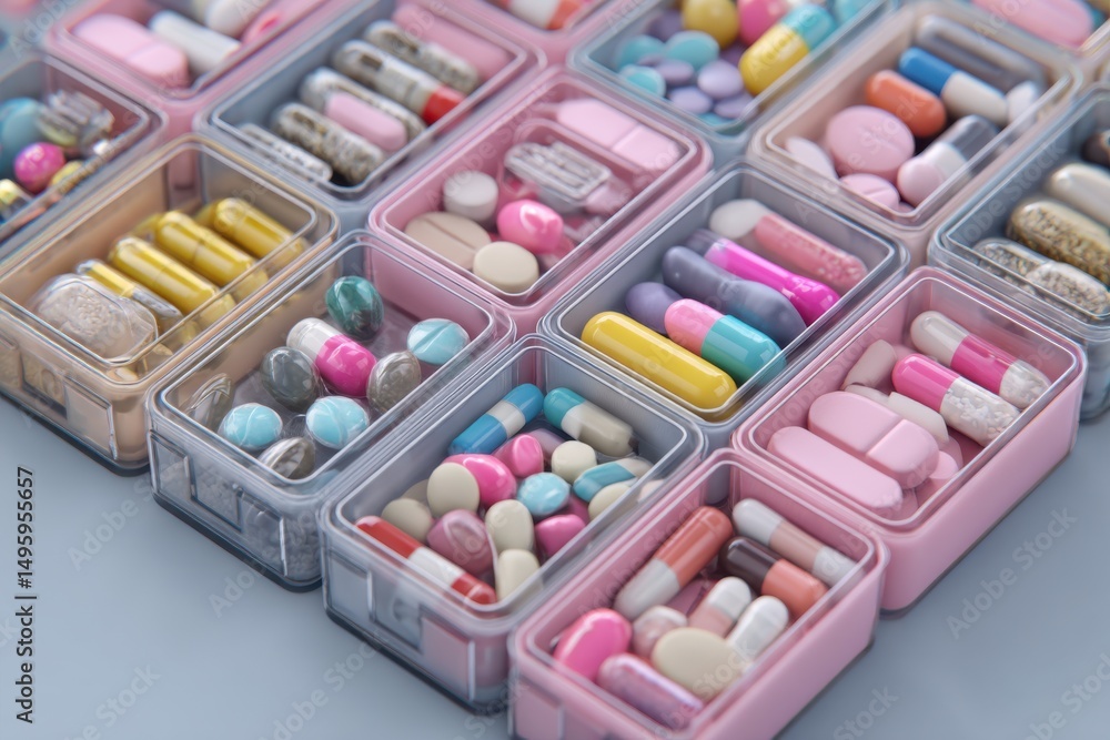 Poster a colorful arrangement of various medication pills and capsules in storage boxes, showcasing the div