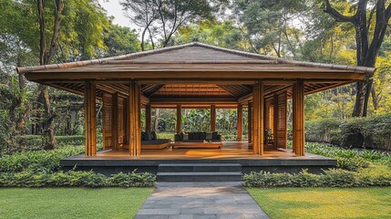 Fototapeta premium Peaceful Wooden Gazebo in Lush Garden