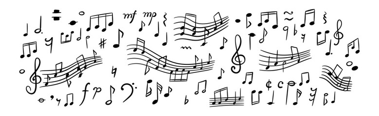 Classic music handwritten sketch background. Set of doodle notes, composer signs and symbols. Dynamic melody concept. Music sheet and staff. Piano classical concert vector illustration