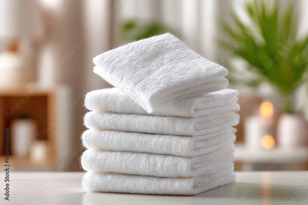 Poster a neatly arranged stack of clean, fluffy white towels resting on a surface with a soft, blurred back