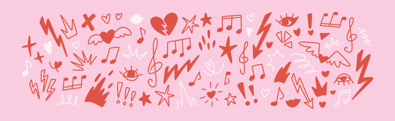 Hand drawn girly music grunge design. Emo goth doodle punk rock background. Pink feminine melody concept. Notes, clef, arrow, star, heart shape graffiti. Handwritten crayon scribbles. Fire flame