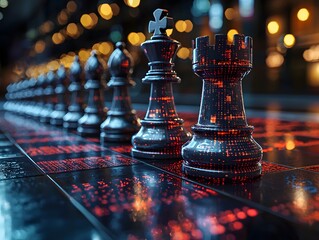 A futuristic corporate chess game representing key business sectors