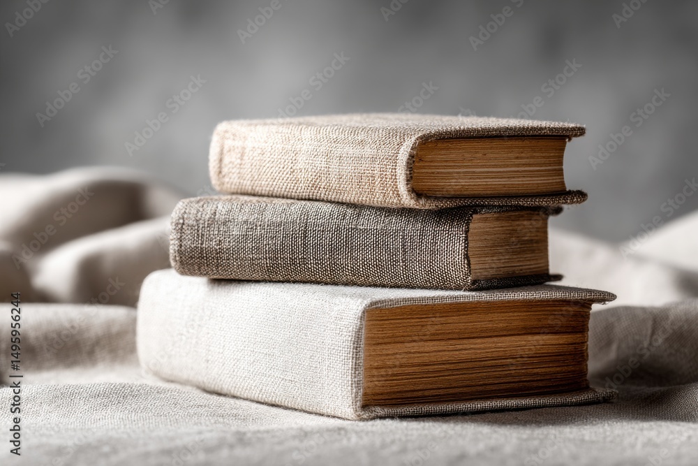 Poster a stack of three old books with cloth covers and aged pages, resting on a linen surface, casting sof