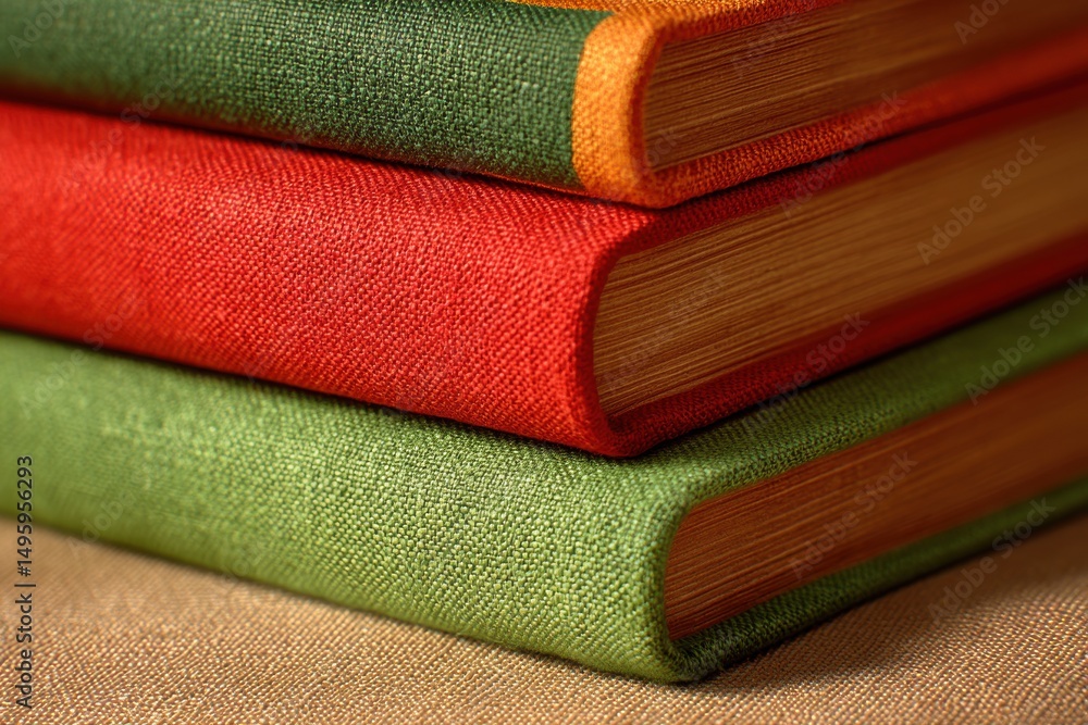 Poster a close-up of a stack of three colorful books with textured covers, showcasing a red book between tw