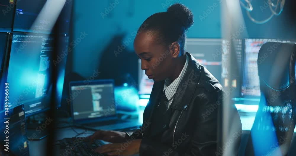Poster Black woman, computer screen and typing for cybersecurity at office, coding and solution with software at night. Person, developer and monitor for information technology, programming and protection