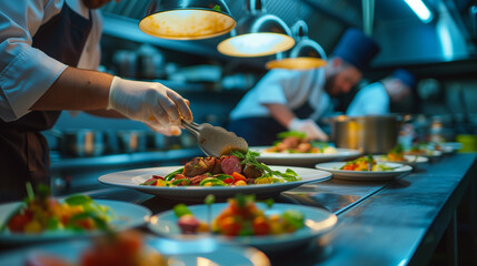 Obraz premium A chef is cooking food with fresh ingredients in a restaurant kitchen