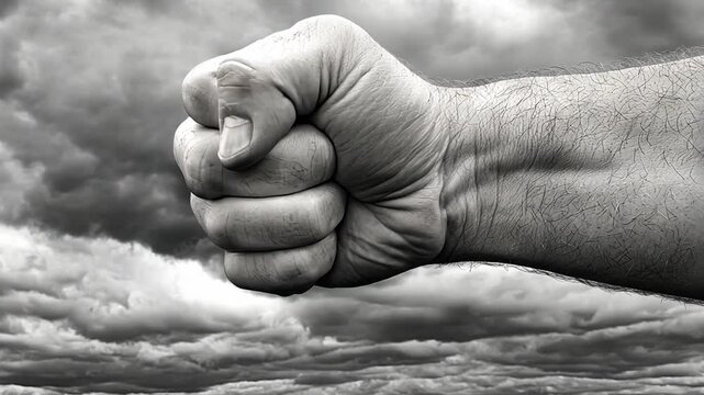 Powerful Clenched Fist Against Stormy Cloud Background Symbolizing Strength and Resilience in Adversity