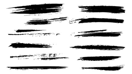 Collection of black paint brush strokes on isolated white background. Vector black watercolor grunge stains and lines set, 