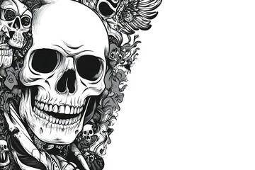 Fototapeta premium A banner featuring a black and white design with a skull and traditional Dia de Los Muertos elements