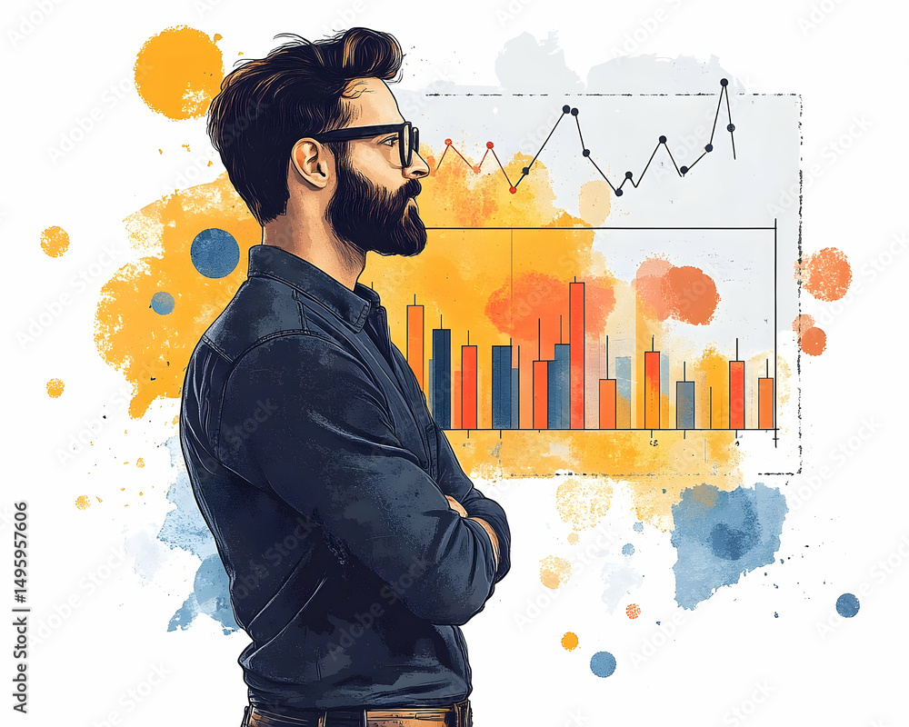 Poster man with a thoughtful expression, considering data visualizations.