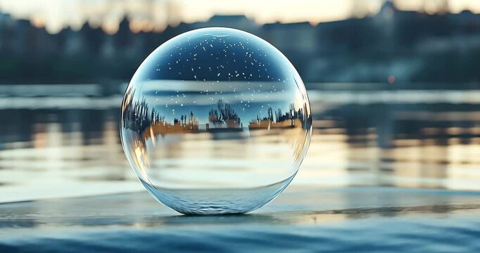 A lensball captures an inverted cityscape reflection at sunset by the water.