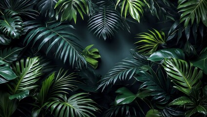 Lush green leaves in a dark tropical jungle