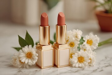 Elegant two lipsticks with a floral arrangement on a marble surface, showcasing beauty, cosmetics and feminine charm in a luxurious setting for marketing.