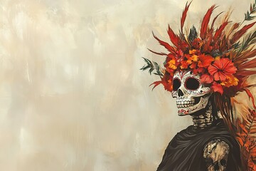 A banner featuring a skull with a floral headdress and other traditional elements