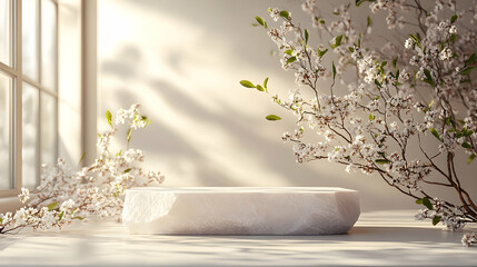 White stone pedestal with blossoming spring flowers in a sunlit room.