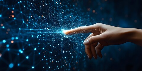 Human Finger Touching Glowing Digital Network, Futuristic Techno