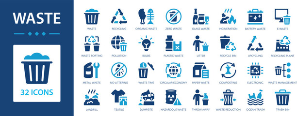 Waste flat icons collection. Waste sorting, pollution, recycling, landfill, composting, recycling plant, circular economy, litter sign set.