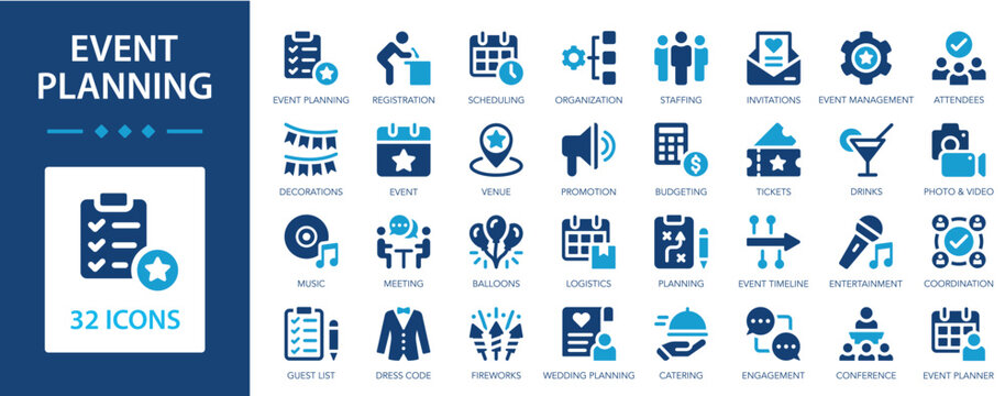 Event planning flat icons collection. Venue, scheduling, organization, invitations, registration, decorations, entertainment sign set.