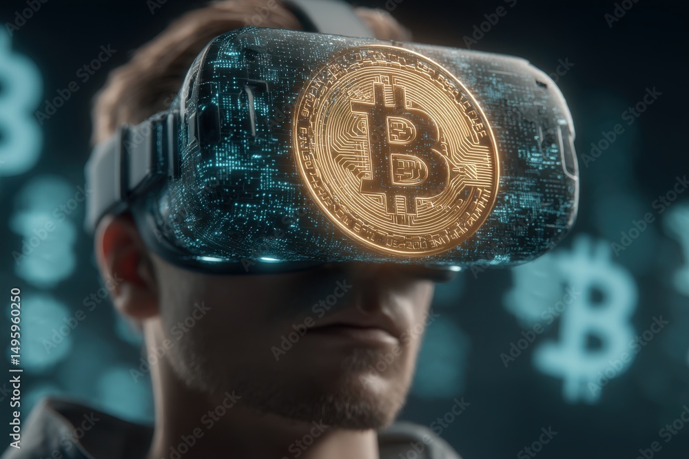 Poster person wearing a vr headset displaying a golden bitcoin cryptocurrency coin and digital data, futuri