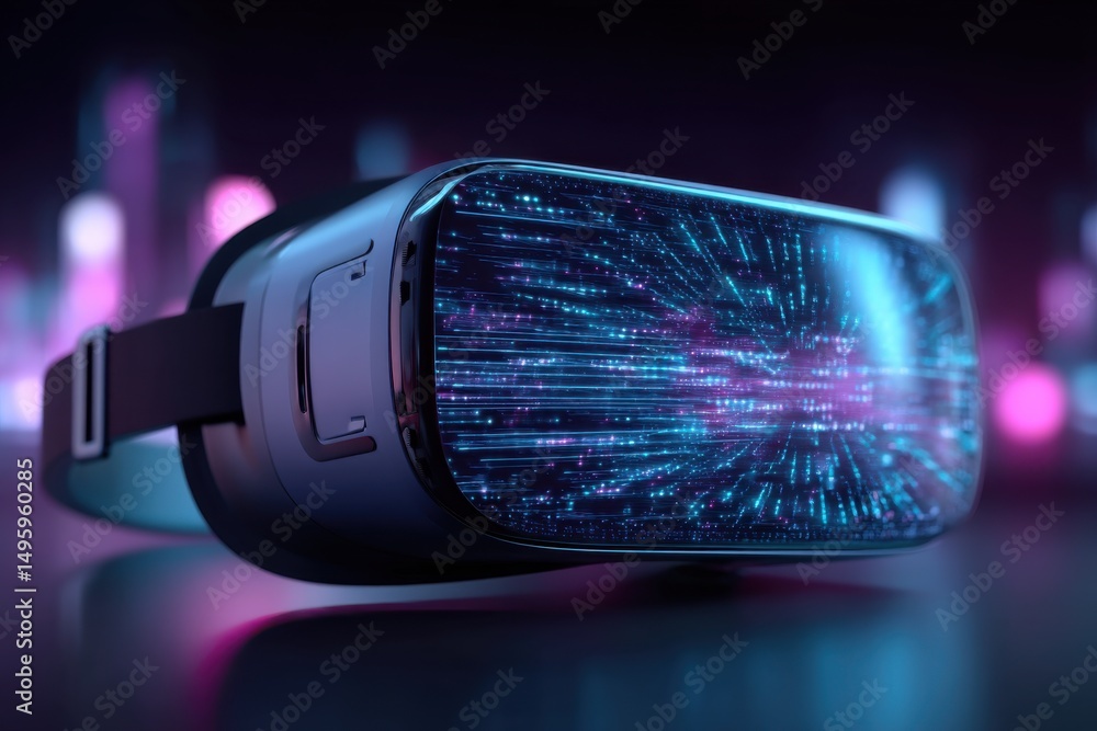 Poster close-up of futuristic vr headset displaying vibrant digital information streams, highlighting techn