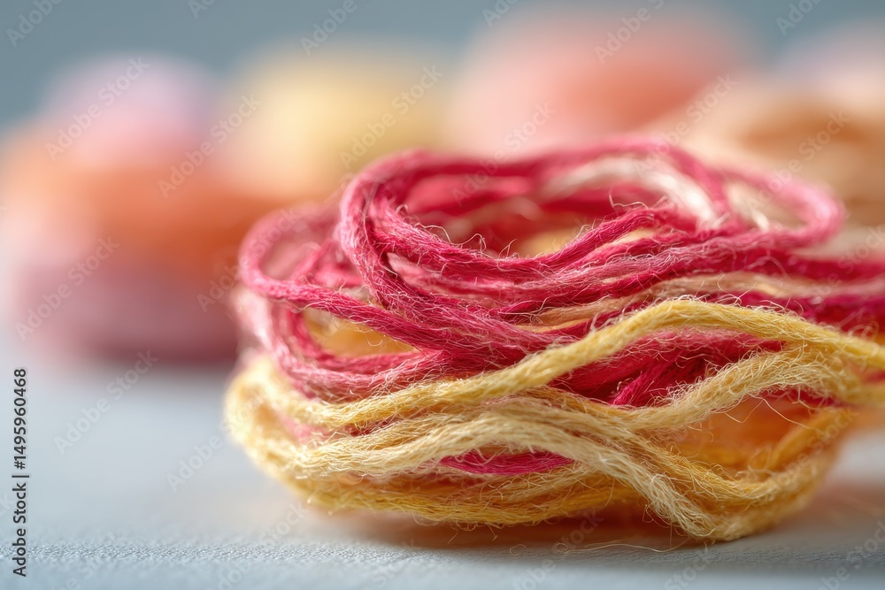 Poster detailed macro shot of a ball of wool thread, showcasing its vibrant colors and intricate texture, c