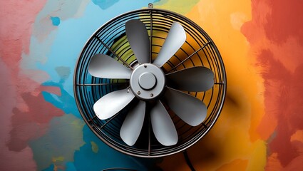 Metal electric fan spinning against colorful background