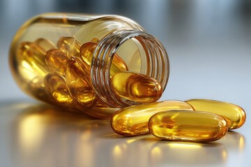 Close-up shot of an open bottle of gold-colored gel capsules, some spilling out, arranged on a shiny surface with a soft, diffused background, promoting health and wellness.