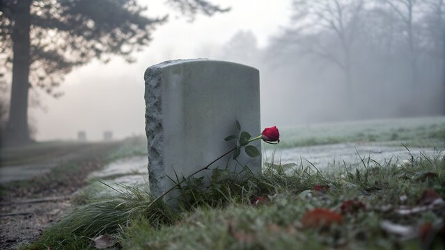 Grabstein mit roter Rose auf frostbedecktem Boden auf einem ruhigen Friedhof  