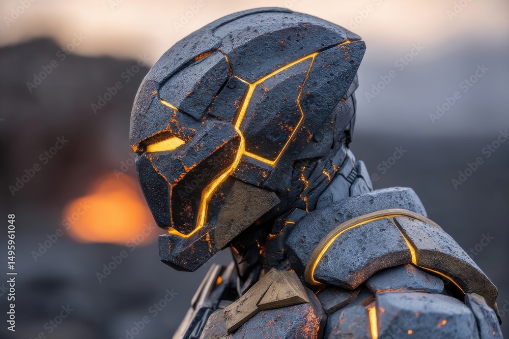 Poster futuristic armored robot with glowing magma-like veins standing on a rocky landscape, creating a sta