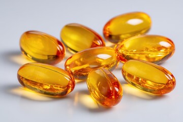 Close-up of vitamin D and omega-3 fish oil capsules on a white background, highlighting the nutritional supplements and their potential health benefits for daily wellness.