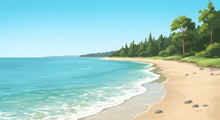 Serene Coastal Landscape Tranquil Beach Scene with Lush Green Forest and Calm Ocean Waves