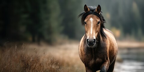 Obraz premium Horse walking through a serene landscape surrounded by trees during the early hours of morning light