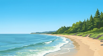 Serene Coastal Landscape Sandy Beach Meets Lush Green Forest under a Vivid Blue Sky