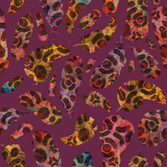 Pattern with colorful feathers with animalistic leopard skin pattern. Endless texture on bordo background. Print for womens wear, cosmetic packing, wall design.