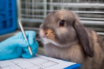 A veterinarian conducts a health check on a rabbit inside an animal care facility. The focus is on the attentive rabbit and the detailed clipboard with notes