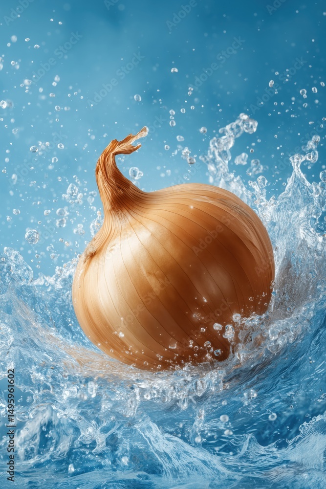 Poster onion splashes into clear water in a vivid freeze frame against simple solid background. wet and liv