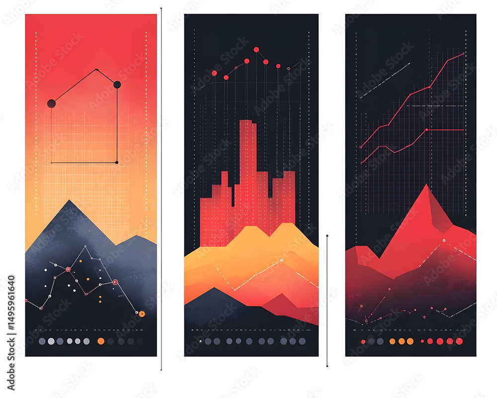 Poster three abstract graphic panels illustrating data visualization concepts.