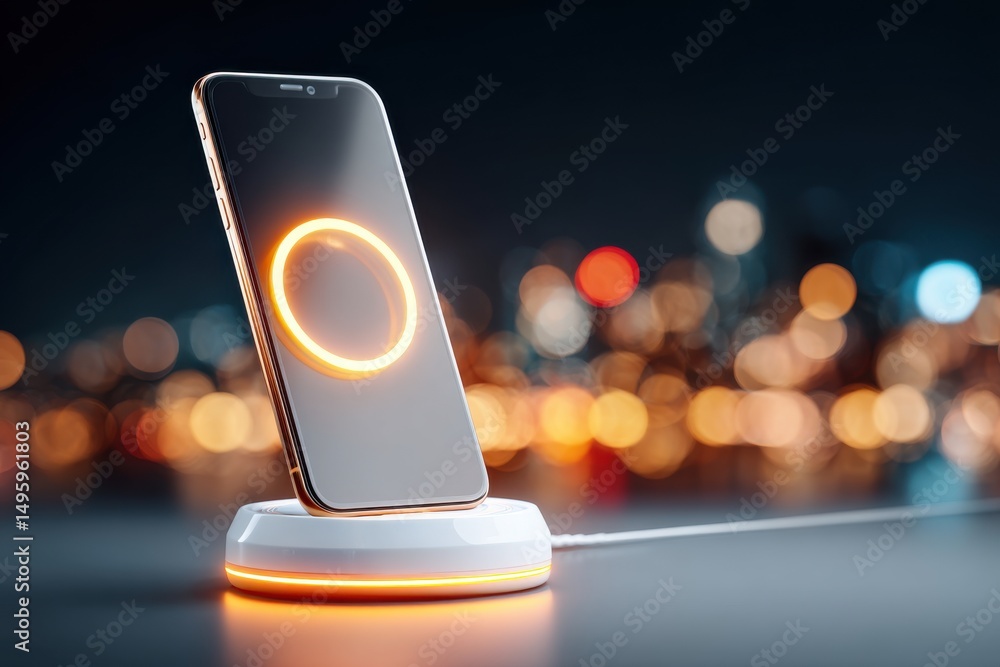 Poster a sleek smartphone charging wirelessly on a modern dock with a glowing ring, blurred city lights in 